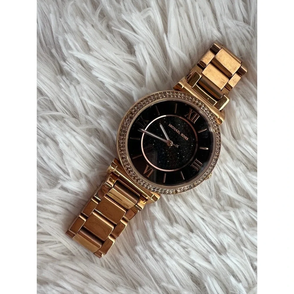 Michael Kors Watch Rose Gold  Black Sparkle Dial Crystal‎ Bezel Needs Battery
